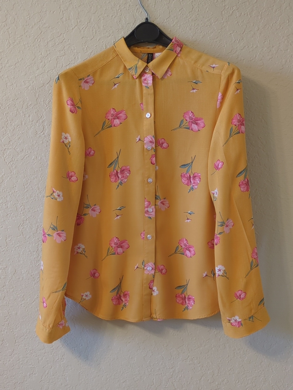 H&M Yellow Floral Button-Down Top with Pink Blooms